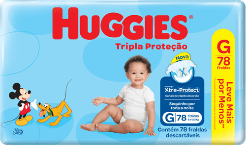 Fralda Descartável Infantil Xtra-Protect Disney Baby Huggies Tripla Proteção G 9 a 12,5kg Pacote 78 Unidades Leve Mais Pague Menos