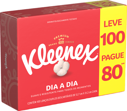 Lenço de Papel Folha Dupla Suave Kleenex Kids 12,7cm x 21,2cm Caixa Leve 100 Pague 80 Unidades