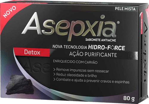 Asepxia Sabonete Barra Detox Ação PURIFICANTE, com CARVÃO ATIVADO e Ácido Salicílico 2%, Pele Mista e Oleosa, 80g
