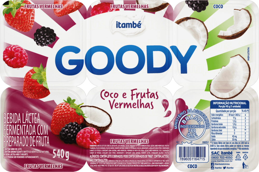 Bebida Láctea Fermentada com Preparado de Fruta Coco + Frutas Vermelhas Itambé Goody Bandeja 510g 6 Unidades