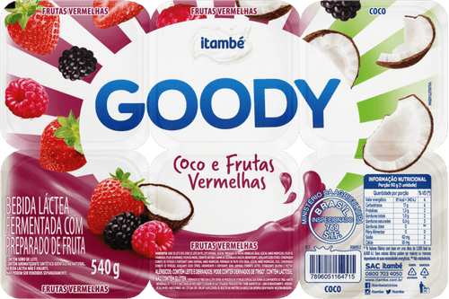 Bebida Láctea Fermentada com Preparado de Fruta Coco + Frutas Vermelhas Itambé Goody Bandeja 510g 6 Unidades