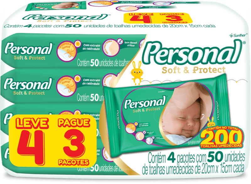 Lencos-Umedecidos-Personal-Baby-Soft---Protect-Leve-4-Pague-3-com-4-pacotes-com-50-lencos---total-de-200-lencos