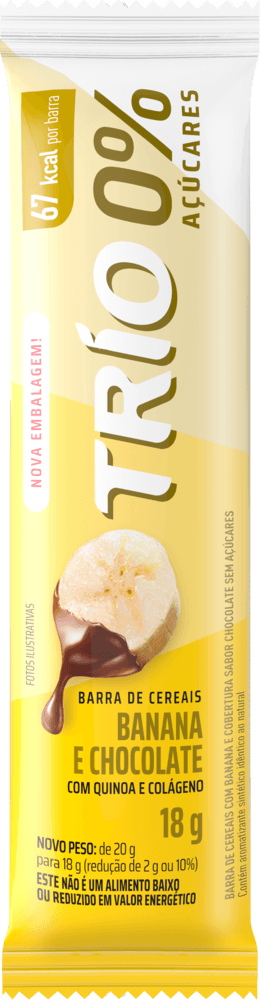 Barra-de-Cereal-Banana-Cobertura-Chocolate-com-Quinoa-e-Colageno-Zero-Acucar-Trio-Pacote-18g