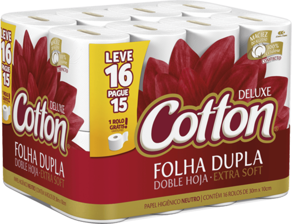 Papel Higiênico Folha Dupla Deluxe Cotton 30m Pacote Leve 16 Pague 15 Unidades