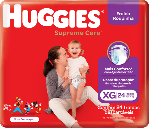 Fralda Descartável Infantil Roupinha Huggies Supreme Care XG 12 a 15kg Pacote 24 Unidades