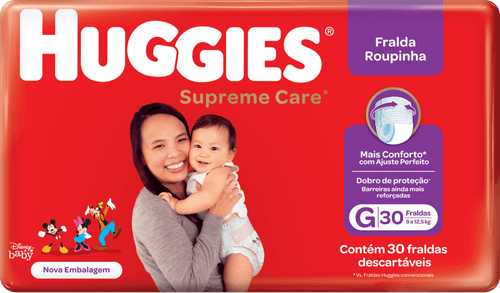 Fralda Descartável Infantil Roupinha Huggies Supreme Care G 9 a 12,5kg Pacote 30 Unidades