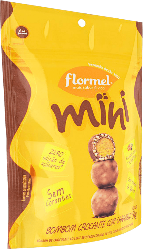 Mini-Bombom-Crocante-com-Caramelo-Chocolate-ao-Leite-Recheio-de-Doce-de-Leite-Caramelizado-e-Crispie-de-Quinoa-sem-Adicao-de-Acucar-Flormel-Pouch-54g