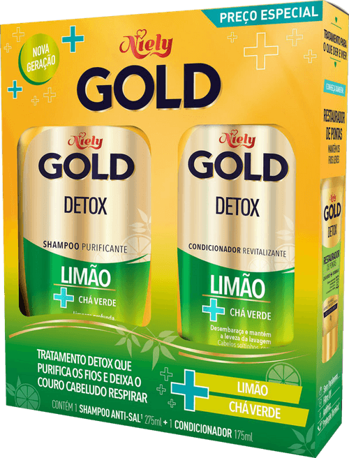 Kit Shampoo 275ml + Condicionador 175ml Niely Gold Detox Limão + Chá Verde