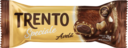 Wafer Recheio Creme de Avelã Cobertura Chocolate ao Leite 38% Cacau e Pedaços de Avelã Trento Speciale Pacote 26g