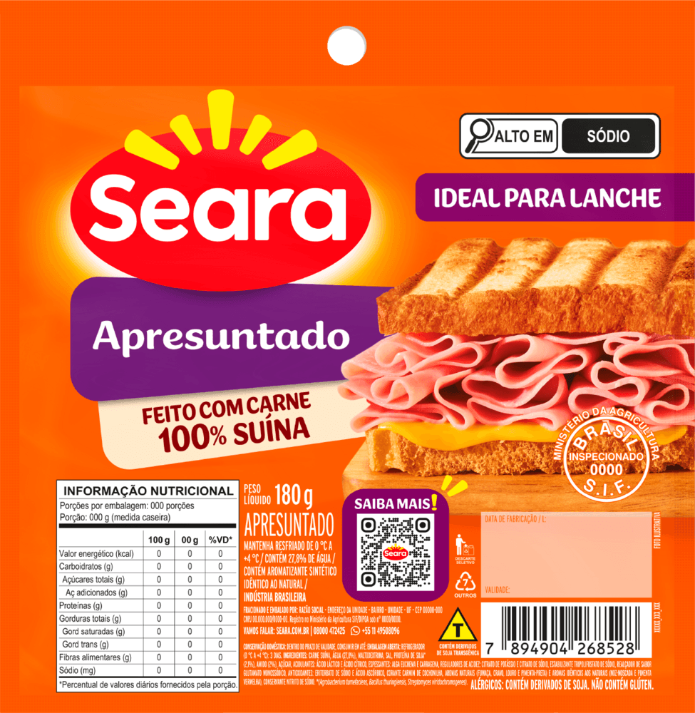 Apresuntado Seara Fatiado Pacote com 180g