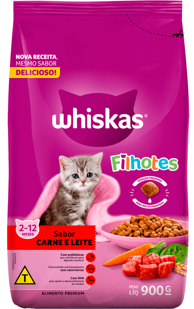 Alimento Premium para Gatos Filhotes Carne e Leite Whiskas Pacote 900g