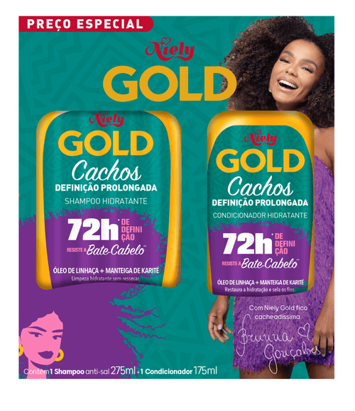 Kit Shampoo 275ml + Condicionador 175ml Niely Gold Cachos Definição Prolongada Preço Especial