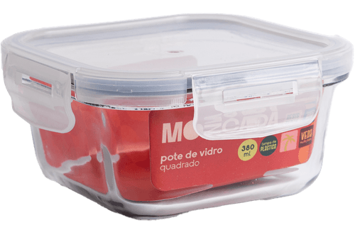 POTE 380ML HERMÉTICO  DE VIDRO COM TAMPA DE PLÁSTICO QUADRADO - MOZCADA