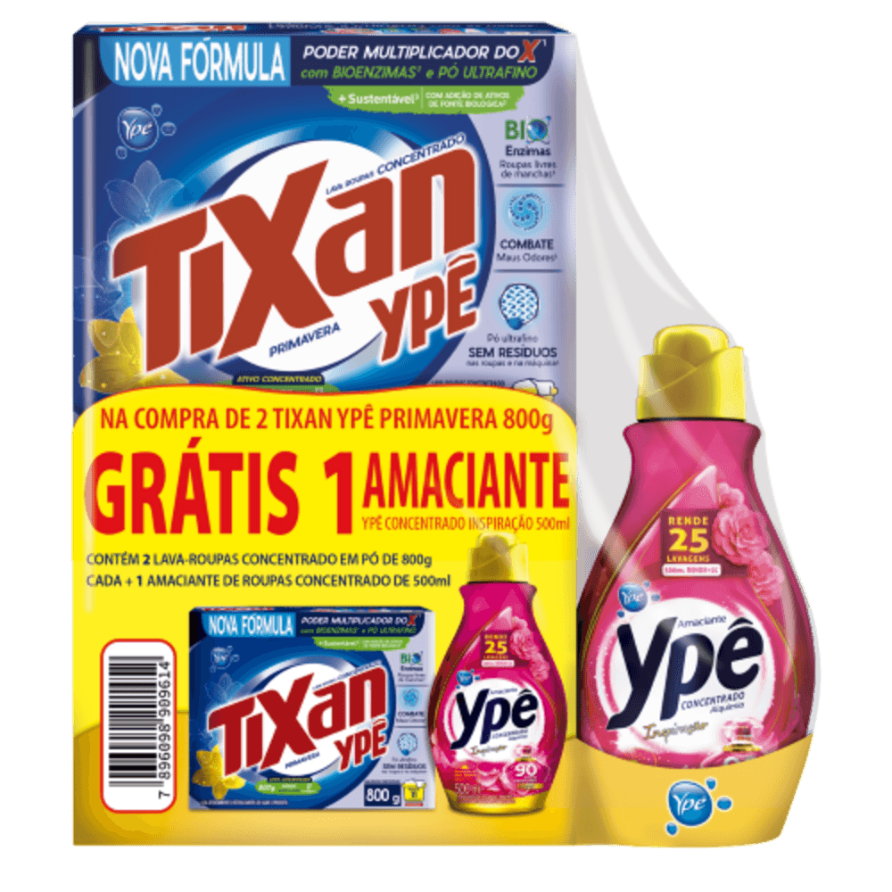 Kit 2 Lava-Roupas Pó Concentrado Primavera Tixan Ypê 800g Cada Grátis Amaciante de Roupa Concentrado Inspiração Ypê Alquimia 500ml