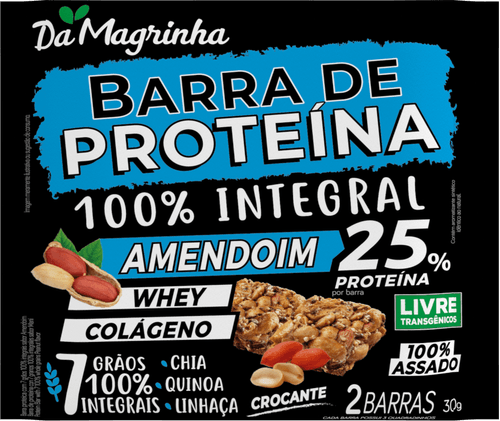 Barra de Proteína 7 Grãos 100% Integral Amendoim Da Magrinha Pacote 30g 2 Unidades com 3 Quadradinhos Cada