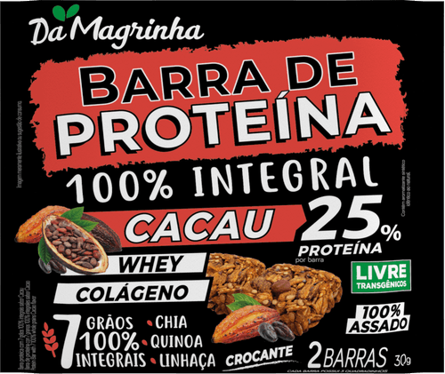 Barra de Proteína 7 Grãos 100% Integral Cacau Da Magrinha Pacote 30g 2 Unidades com 3 Quadradinhos Cada