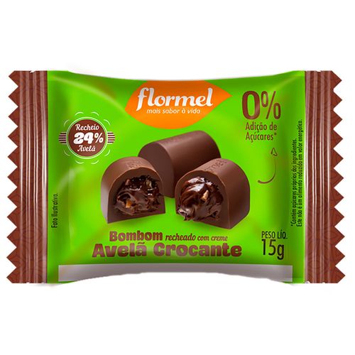 Bombom Flormel Chocolate com Recheio de Creme e Avelã Crocante Zero Açúcar 15g