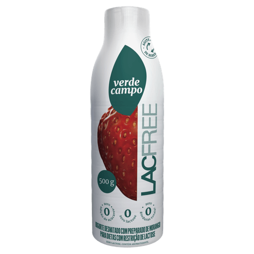 Iogurte Desnatado com Preparado de Morango Zero Lactose para Dietas com Restrição de Lactose sem Adição de Açúcar Verde Campo Lacfree Garrafa 500g