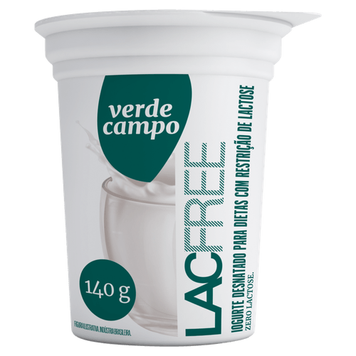 Iogurte Desnatado Tradicional Zero Lactose para Dietas com Restrição de Lactose sem Adição de Açúcar Verde Campo Lacfree Copo 140g