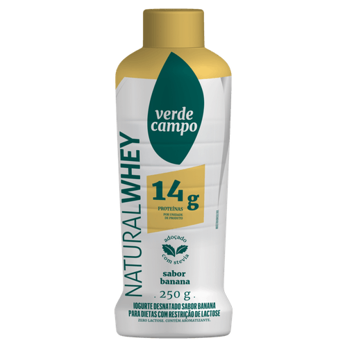 Iogurte Desnatado Banana Zero Lactose para Dietas com Restrição de Lactose sem Adição de Açúcar Verde Campo Natural Whey 14g de Proteína Frasco 250g