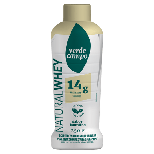 Iogurte Desnatado Baunilha Zero Lactose para Dietas com Restrição de Lactose sem Adição de Açúcar Verde Campo Natural Whey 14g de Proteína Frasco 250g