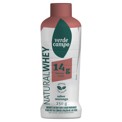 Iogurte Desnatado Morango Zero Lactose para Dietas com Restrição de Lactose sem Adição de Açúcar Verde Campo Natural Whey 14g de Proteína Frasco 250g