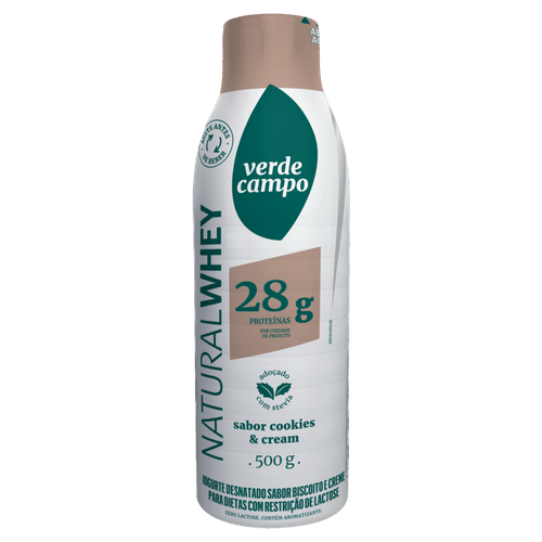 Iogurte Desnatado Cookies &amp; Cream Zero Lactose Verde Campo Natural Whey 28g De Proteína Garrafa 500g