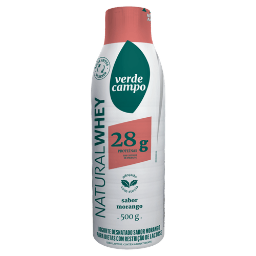 Iogurte Desnatado Morango Zero Lactose para Dietas com Restrição de Lactose sem Adição de Açúcar Verde Campo Natural Whey 28g de Proteína Garrafa 500g
