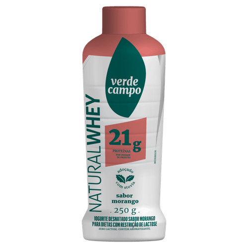 Iogurte Desnatado Morango Zero Lactose para Dietas com Restrição de Lactose sem Adição de Açúcar Verde Campo Natural Whey 21g de Proteína Frasco 250g