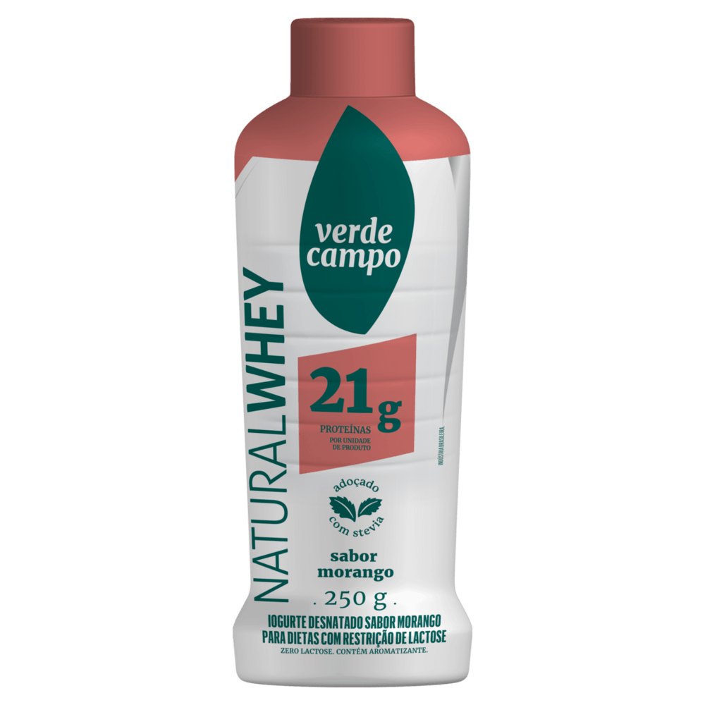 Iogurte Desnatado Morango Zero Lactose Verde Campo 21g Proteínas Natural Whey Frasco 250g