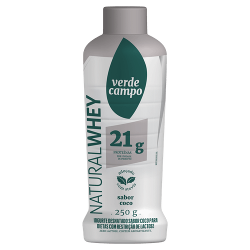 Iogurte Desnatado 21g Proteínas Coco Zero Lactose para Dietas com Restrição de Lactose sem Adição de Açúcar Verde Campo Natural Whey Frasco 250g