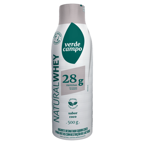 Iogurte Desnatado 28g de Proteínas Coco Zero Lactose para Dietas com Restrição de Lactose sem Adição de Açúcar Verde Campo Natural Whey Garrafa 500g