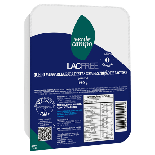 Queijo Mussarela Fatiado Zero Lactose para Dietas com Restrição de Lactose Verde Campo Lacfree Pacote 150g
