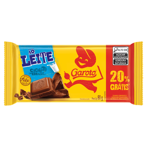 Chocolate ao Leite Garoto Pacote 80g Grátis 20%