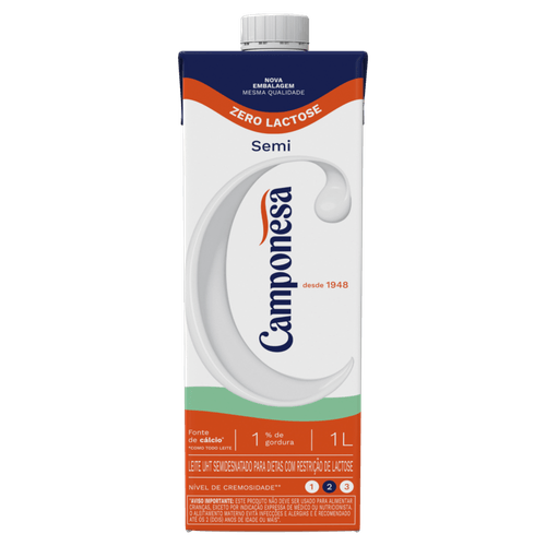Leite UHT Semidesnatado Zero Lactose Camponesa Caixa com Tampa 1l