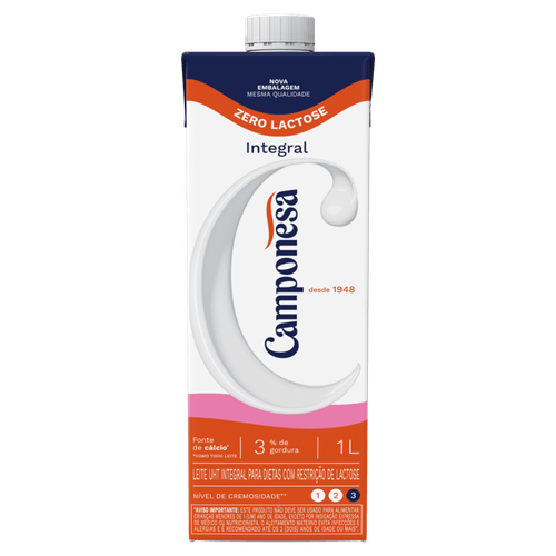 Leite UHT Integral Zero Lactose Camponesa Caixa com Tampa 1l