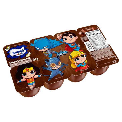 Sobremesa Láctea Chocolate Super Friends Itambé Kids Bandeja 304g 8 Unidades