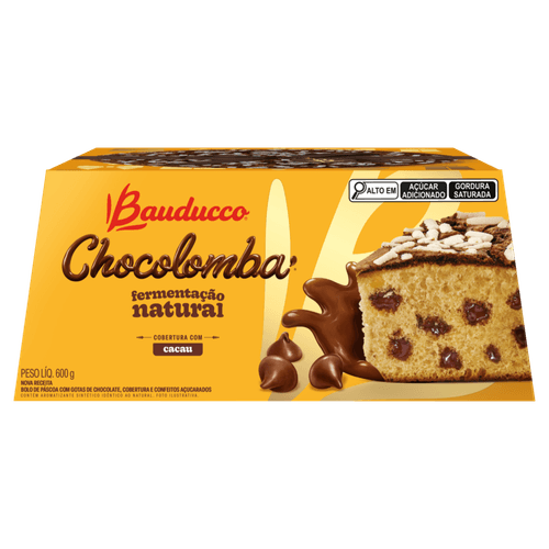 Bolo de Páscoa com Gotas de Chocolate Cobertura Cacau e Confeitos Açucarados Bauducco Chocolomba Caixa 600g