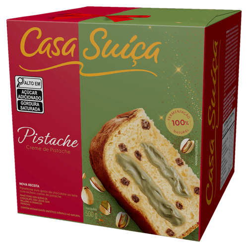 Panettone com Gotas de Chocolate ao Leite Recheio Creme de Pistache Casa Suíça Caixa 500g