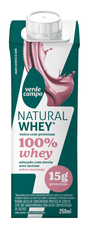 Bebida Láctea UHT Verde Campo Natural 100% Whey 15g Proteínas ZeroLactose/Açúcar Morango 250ml