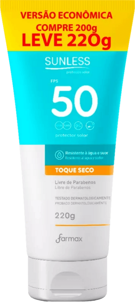 Protetor Solar Sunless FPS 50 Toque Seco Pague 200ml Leve 220ml