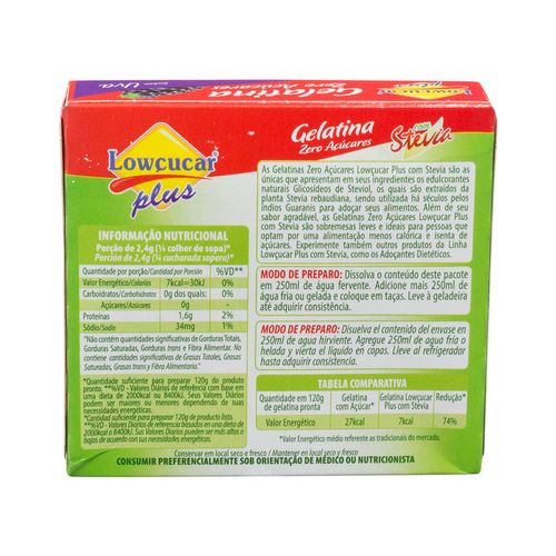 Gelatina Pó com Stevia Uva Diet para Dietas de Ingestão Controlada de Açúcares Lowçucar Plus Caixa 10g