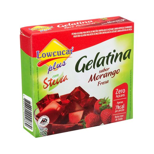 Gelatina Pó com Stevia Morango Diet para Dietas de Ingestão Controlada de Açúcares Lowçucar Plus Caixa 10g