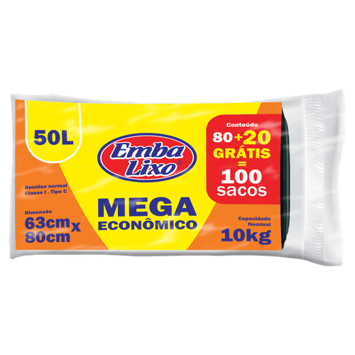 Saco para Lixo Tipo C 50l Embalixo 80 Unidades Grátis 20 Unidades Mega Econômico