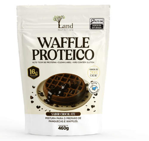 MISTURA PARA PREPARO WAFFLE PROTEICO LAND NUTRITION 460G-PC SABOR CHOCOLATE - 16G DE PROTEINA, SEM GLUTEN