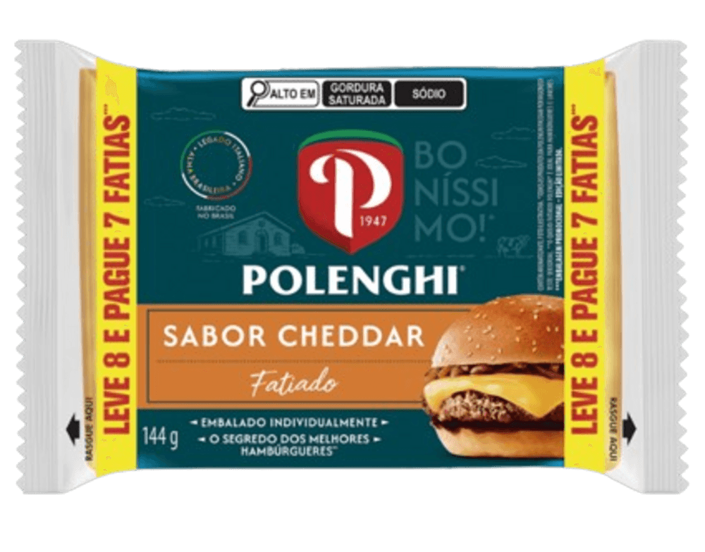 QUEIJO PROCESSADO UHT SABOR CHEDDAR POLENGHI 144G-PC FATIADO - EMBALAGEM PROMOCIONAL LEVE 8 E PAGUE 7 FATIAS