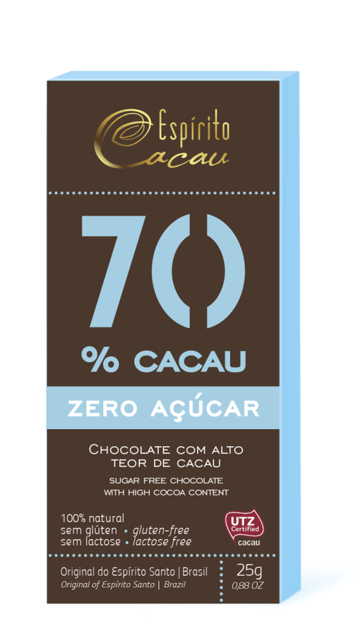 Chocolate 70% Cacau Zero Lactose Zero Açúcar Espírito Cacau Caixa 25g