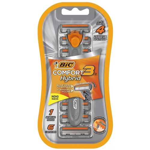 Kit 1 Aparelho Recarregável + 6 Cargas para Barbear Bic Comfort 3 Hybrid