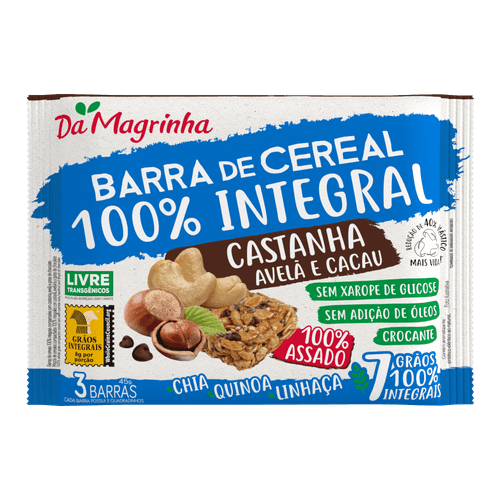 Barra de Cereais 100% Integral de Castanha, Avelã e Cacau Da Magrinha 45g 3 Unidades