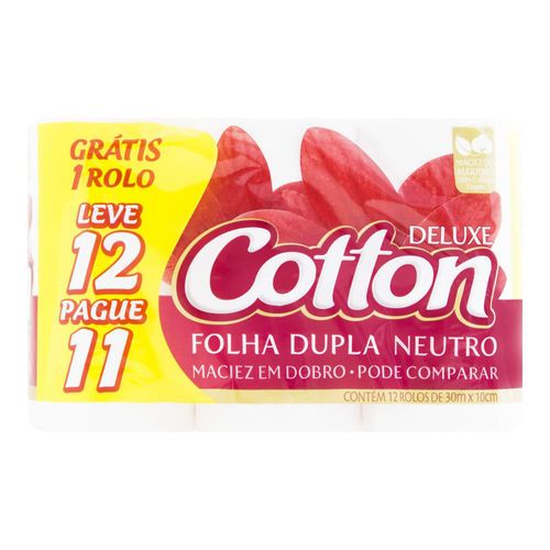 Papel Higiênico Cotton Folhal Dupla Neutro 30 Metros Pacote Leve 12 Pague 11 Unidades